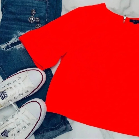 Quinn Structured Crop Neon Top Coral Blouse - Picture 2 of 3